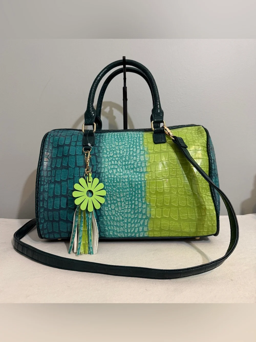 Teal Lime Ombre Croc Embossed Satchel Crossbody Bag Faux Leather